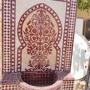 Handmade Moroccan Fountain – Red Zellige Mosaic Tile Wall Fountain for Outdoor Garden Decor, Patio Accent, or Indoor Water Feature