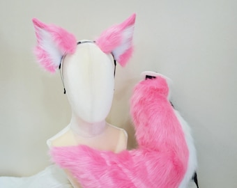 22“ Pink Furry Ears and Tail set FOX PUPPY /Halloween Furry/Fox Ears Headband/Halloween Costume/Cosplay Tail/Fursuit Parts/Therian Tail