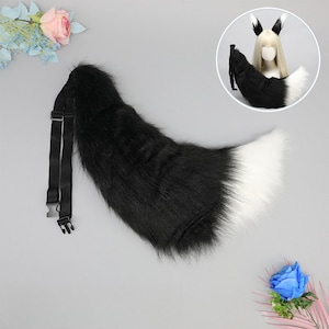 Conjunto de orejas y cola peludas de CACHORRO DE LOBO ZORRO para Halloween, disfraz de Halloween, orejas y cola de cosplay, diadema con orejas de pelo negro, conjunto de orejas de cola de Therian