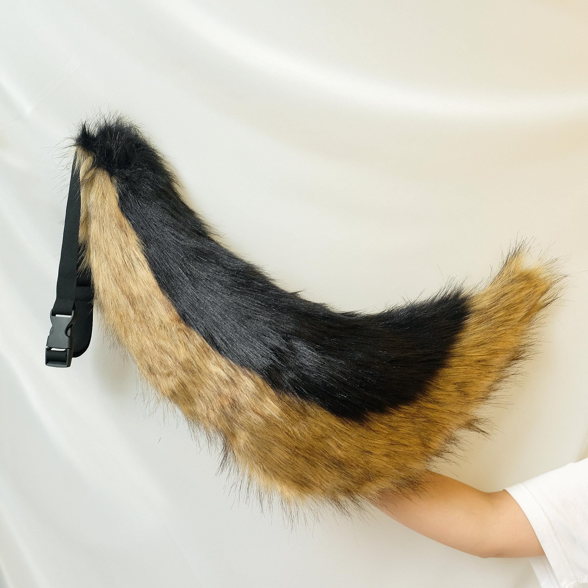 Set met harige oren en staart van 27,5 inch WOLF PUPPY FOX /Halloween harig/Halloweenkostuum/Cosplay-oren en staart/Zwarte bontoren hoofdband/ Therian Tail - België