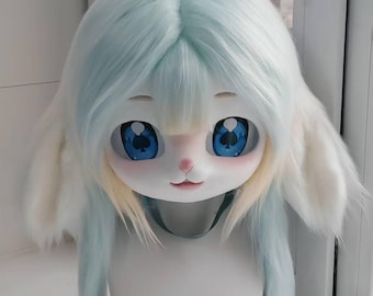 かわいい白い羊のキグの毛皮のマスクヘッド、毛皮のマスクヘッド、猫のケモノマスク、ハロウィーンパーティー用のカスタマイズ可能な手作りのコスプレ衣装マスク