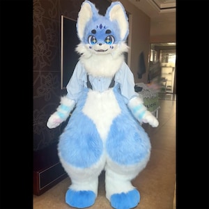 May include: A full-body fursuit in shades of blue and white, resembling a fox or canine character. The costume features a large head with expressive eyes, fluffy ears, and a white chest. The body is a mix of blue and white fur, with blue feet and striped arm sleeves.