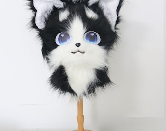 Handmade Black Fox/Cat Fursuit Head - Plush Animal Mask for Cosplay, Halloween Fursona Outfit Play,Fursona, Furry Convention, Role Play Gift
