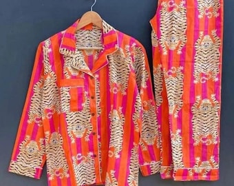 Indische Baumwolle Pyjama Set mit Tiger Print | Handgefertigte Jaipur Artisan Nachtwäsche (Women's Lounge Wear)