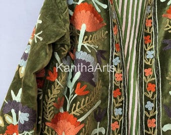 Floral Embroidered Velvet Suzani Jacket: Boho Short Coat