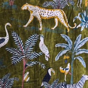 Hand Block Printed Velvet Fabric: Green Tiger, Floral Print, 44" Wide