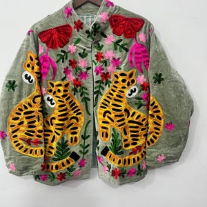 Handmade Green Velvet Suzani Jacket, Embroidered Tiger Floral Boho Coat