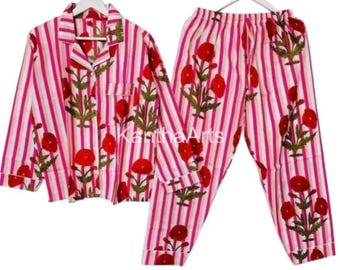 Hand Block Print Cotton Pajama Set, Jaipur Floral Sleepwear, Soft Night Suit
