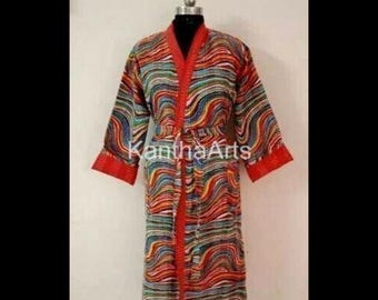 Indian Rainbow Print Kantha Kimono Jacket: Hand-Stitched Cotton Kantha Robe