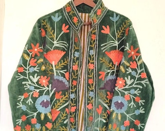 Green Velvet Suzani Embroidered Jacket, Boho Hippie Style