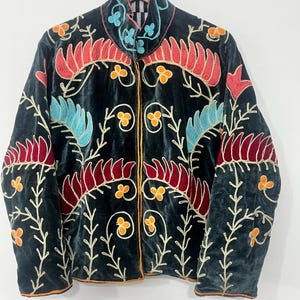 Dark Green Velvet Suzani Jacket: Embroidered Floral Boho Coat