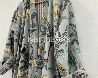 Gray Jungle Print Velvet Kimono Robe: Indian Silk Lined Coat