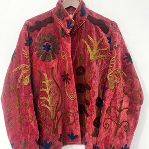 Handmade Dark Green Velvet Suzani Jacket, Floral Embroidered Boho Coat