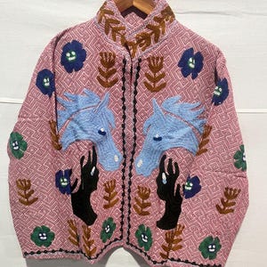 Handmade Suzani Embroidered Cotton Jacket, Boho Horse Design Festival Coat