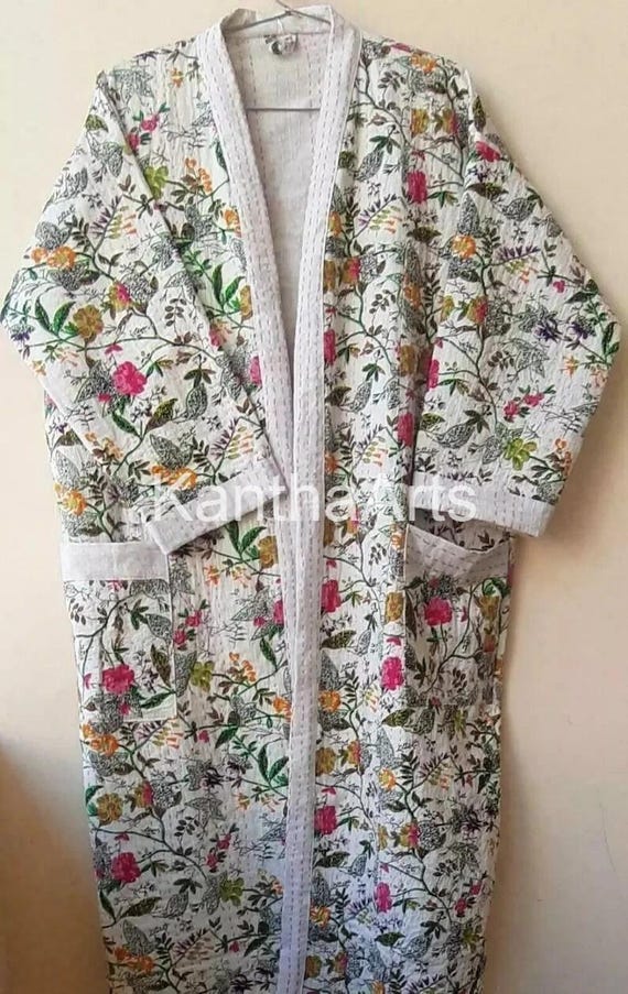 Handmade Floral Kantha Kimono: Indian Cotton Bath Robe Lounge Wear