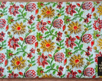 Indian Kantha Quilt/ Handmade Hand Block Multi Floral print Cotton Bed cover Bedspread Blanket/Queen size Kantha Quilt/Kantha Coverlet Throw