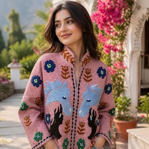 Hand Embroidered Suzani Cotton Jacket, Boho Statement Coat, Floral Horse Motifs