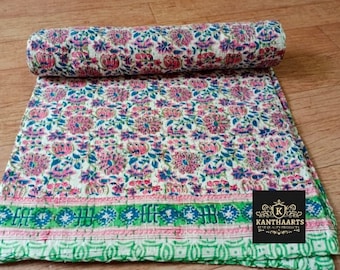 Estampado floral Kantha Quilt Indian Handmade Throw Reversible Manta Bedcolch Cotton Fabric Boho boho edredón ropa de cama coverlets, 90 * 108