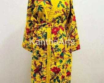 Yellow Bird Print Kantha Kimono Jacket Japaneses Style Cot outlet Dress  Bath Robe