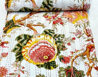 Floral Print Kantha Quilt: Handmade Indian Cotton Bedspread