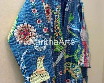 Handgestikte kantha-katoenen kimono: gewaad met Indiase pauwenprint