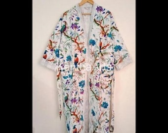 White Bird Print Kantha Kimono Jacket: Hand-Stitched Cotton Robe