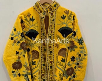 Velvet Suzani Embroidered Jacket: Boho Autumn Winter Wear