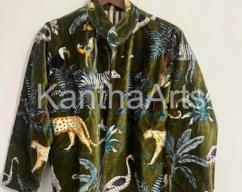Handmade Velvet Safari Print Jacket | Olive Green Boho Statement Outerwear