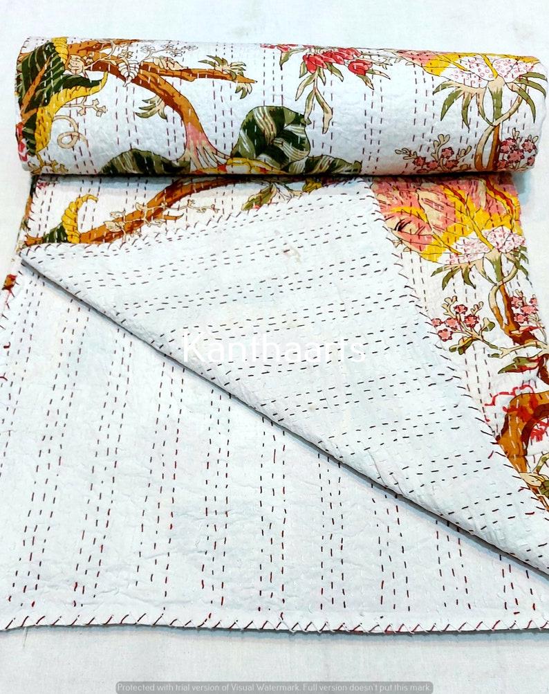 Indain Trapunta In Cotone Kantha Floreale Vintage – 228x152 Cm, Reversibile E Fatta A Mano In India