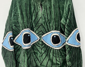 Green Velvet Suzani Jacket, Embroidered Eye, Boho Statement Coat