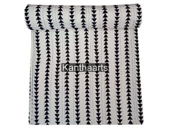 Black & White Arrow Kantha Quilt: Hand-Stitched Cotton Bedspread