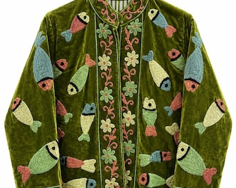 Green Fish Velvet Suzani Jacket Boho Luxury Hand-Embroidered Jacket, Comfortable Winter Coat,