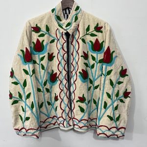 Embroidered Velvet Suzani Jacket, Boho Floral Kimono Coat, Cream Statement Art Wear