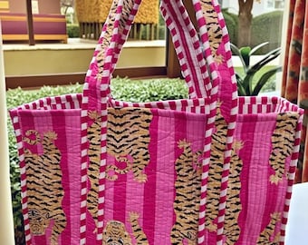 Tiger Print Cotton Quilted Tote Bag: Handmade Boho Market Bag