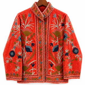Orange Velvet Suzani Jacket, Floral Embroidered Boho Coat, Artisan Statement Outerwear