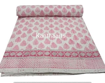 Hand Block Print Kantha Quilt: Bohemian Indian Bedding, Reversible Cotton Throw
