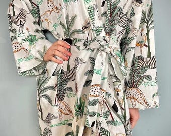 Block Print Cotton Kimono Robe: Boho Beach Cover-Up