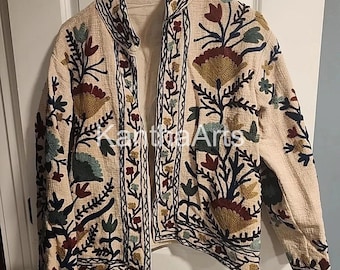 Indian Suzani Embroidered Cotton Jacket: Hand-Stitched Winter Coat