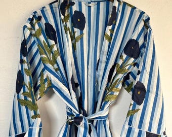 Cotton Kimono Robe: Block Print Boho Dressing Gown