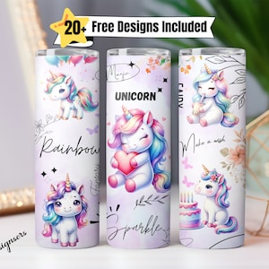 May include: Three stainless steel tumblers with unicorn designs. The tumblers are white with a purple background. The designs include a unicorn with a rainbow mane, a unicorn holding a heart, and a unicorn with a birthday cake. The text on the tumblers reads "Rainbow", "UNICORN", "Make a wish", and "Sparkle".