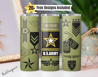 May include: Three green and black insulated tumblers with different designs. The first tumbler has a star, chevron, and other military-themed designs. The second tumbler has a large yellow star with "U.S. ARMY" and "NO FEAR" text. The third tumbler has a star, chevron, and dog tag designs.