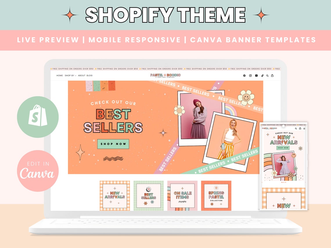 Shopify Theme Template, Pink Shopify Shopify Boutique Theme With Canva ...