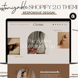 Creme Easy Shopify Theme Template, Minimal Website Shopify Design Boutique, Neutral Website, Shopify Banner Template, w Free Shopify Planner