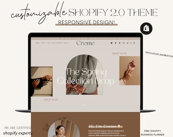 Creme Easy Shopify Theme Template, Minimal Website Shopify Design Boutique, Neutral Website, Shopify Banner Template, w Free Shopify Planner