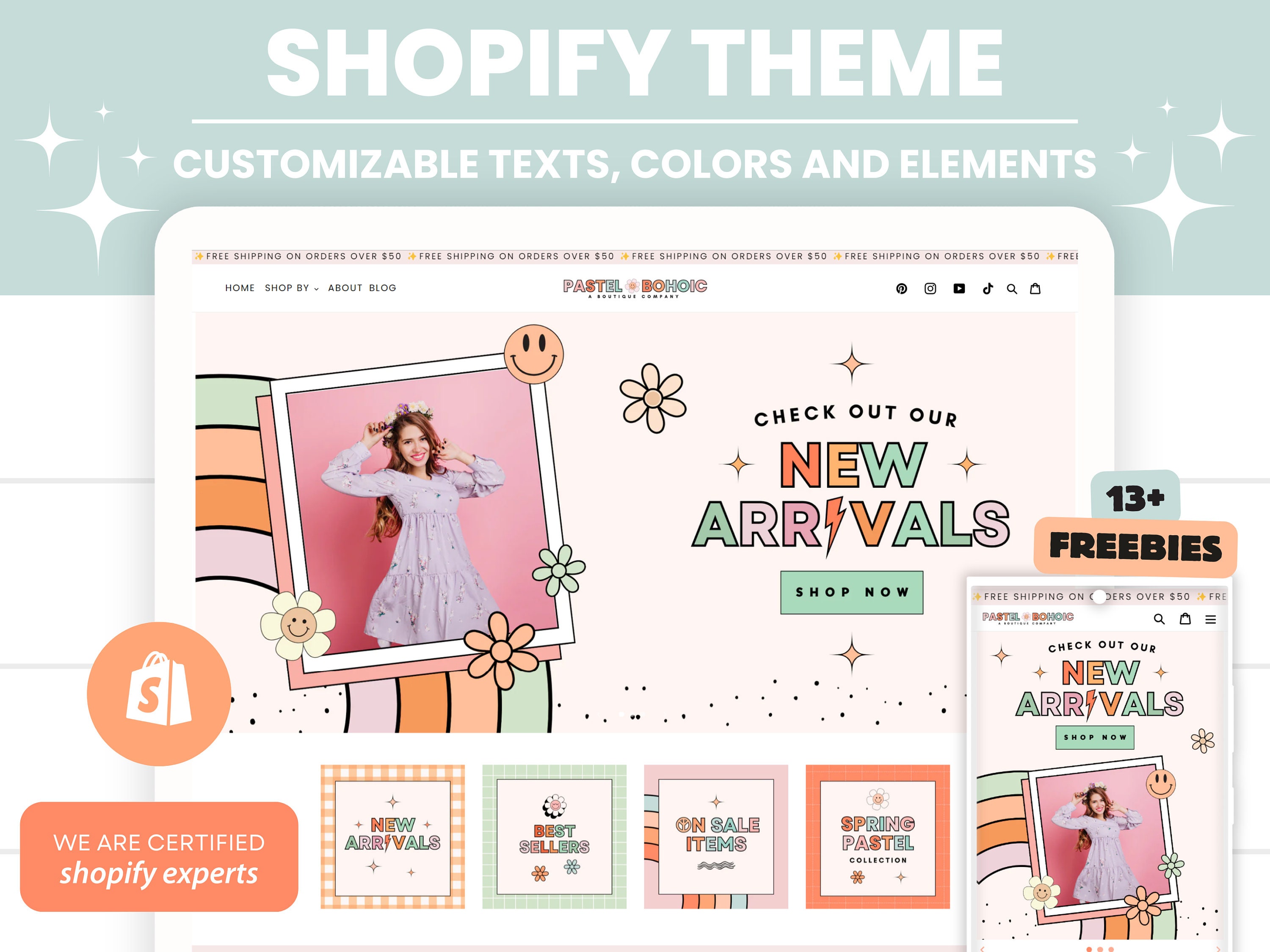 Shopify Theme Template, Pink Shopify Shopify Boutique Theme With Canva ...