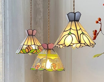 Tiffany glass colored patterned ceiling, chandelier lamp. Living, bedroom, restaurant decoration. Decorator, Lightly