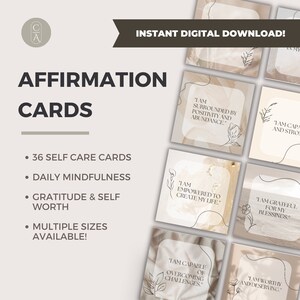 Baralho imprimível de cartão positivo de afirmação para manifestação, autocuidado diário manifestando gratidão na placa de visão, kit de abundância de impressão digital.