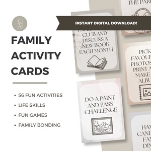 56 tarjetas de actividades familiares, diversión para quedarse en casa, juegos de aventuras, actividades para días lluviosos, desarrollo de vínculos entre niños, ideas para vacaciones escolares, regalos.