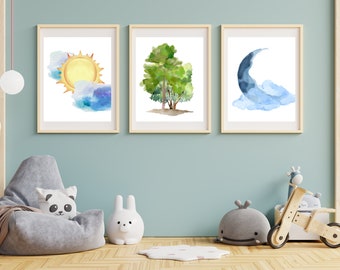 Set of 3 wall poster prints, watercolour, kids bedroom, digital download, multiple sizes