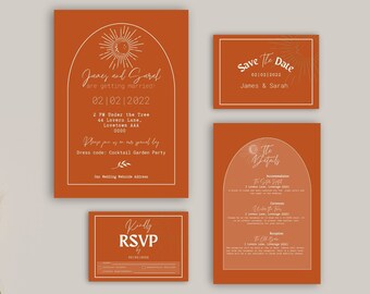 May include: A set of terracotta-colored wedding stationery. The invitation features an arch design with a sun graphic and the text "Jones and Sarah are getting married". Includes a "Save the Date" card, RSVP card, and details card.